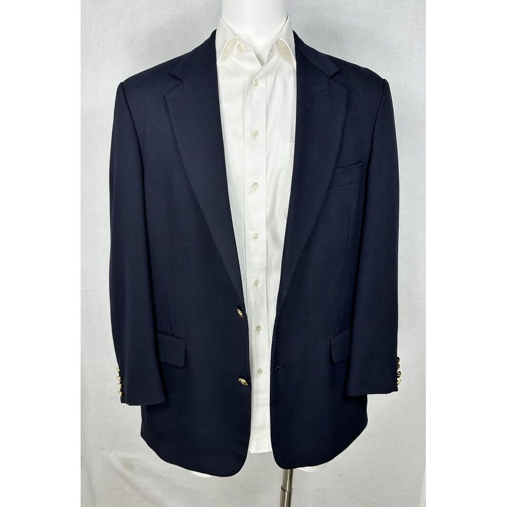 Palm Beach Navy Blue Wimbledon Gold Button Blazer Mens 43L Sport Coat Hopsack - Picture 2 of 14